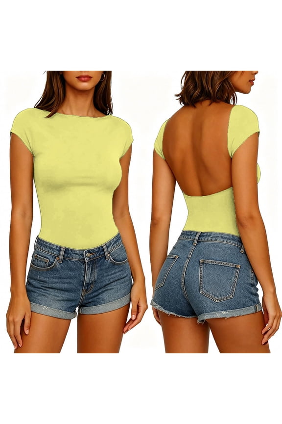 Short Sleeve Tops for Women Solid Color Backless Casual T Shirt Slim Fit Yoga Blouse for Daily Wear and Party