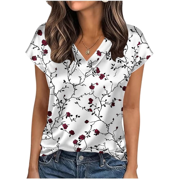 Craaazy Short Sleeve Tops for Women Summer V-Neck Floral Print Business Casual Vacation Clothes Gifts