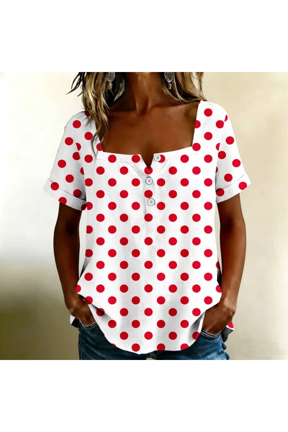 Short Sleeve Women's Tops Button up Casual Polka Dot Print Square Neck for Summer All Occasions