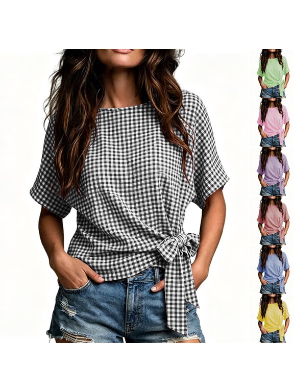 Short Sleeve Womens Tops Crew Neck Gingham Plaid Prints Side Tie Casual Summer Tees for Outdoor Travel