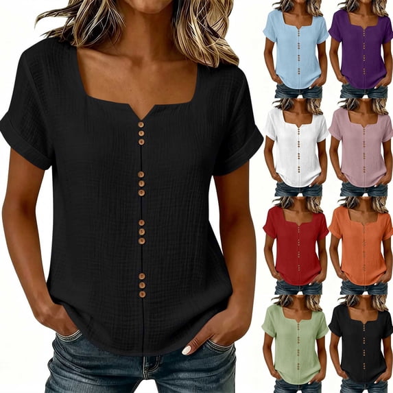 Craaazy Short Sleeve Womens Tops Solid Color Square Notch Neck Button Front Cotton Casual T Shirt for Summer Daily Wear