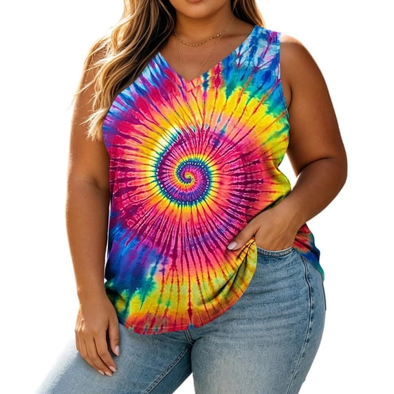 Craaazy Sleeveless Tank Tops for Women Plus Size Loose Fit V Neck Spiral Tie Dye Print Casual Soft Blouse for Women Spring Summer Beach Daily Workout Wear