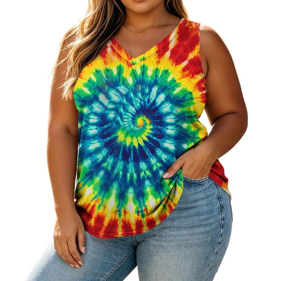 Craaazy Sleeveless Tank Tops for Women Plus Size Loose Fit V Neck Spiral Tie Dye Print Casual Soft Blouse for Women Spring Summer Beach Daily Workout Wear