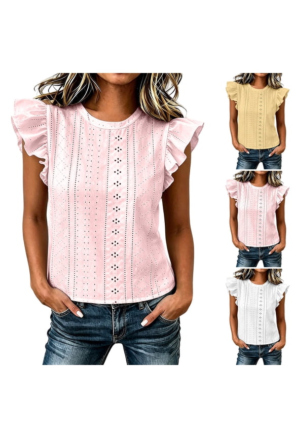 Sleeveless Tops for Women Slim Fit Solid Color Crew Neck Eyelet Embroidery Ruffle Strap Hollow Out Cropped Blouse Breathable Casual Top for Spring Summer Daily Wear