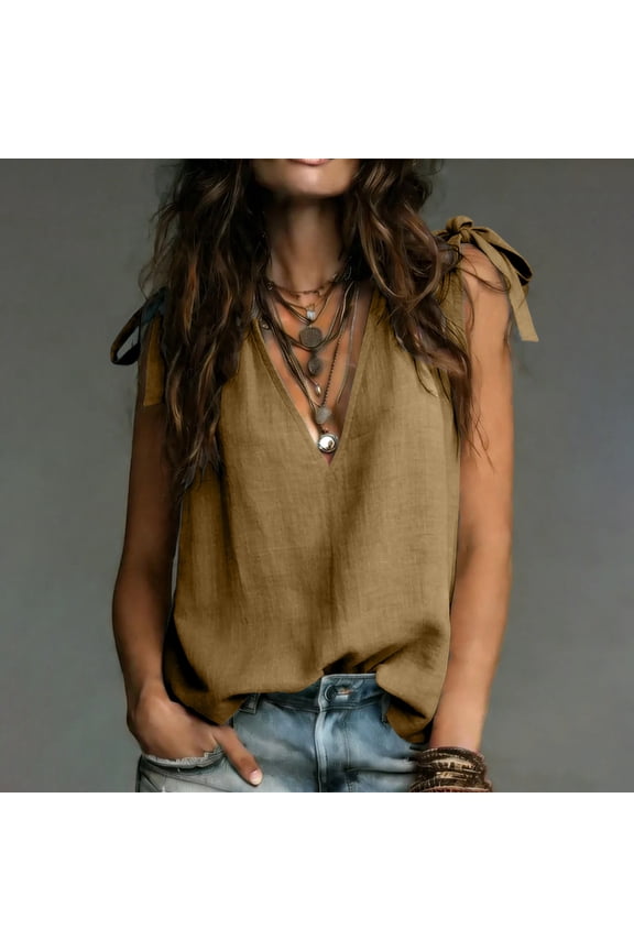 Sleeveless Tops for Women Loose Fit Solid Color V Neck Tie Shoulder Cotton Linen Casual Blouses for Spring Summer Everyday Wear