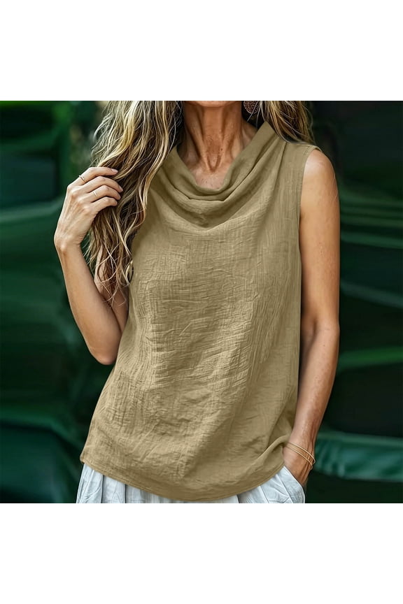 Sleeveless Tops for Women Regular Fit Solid Color Cowl Neck Cotton Linen Casual Blouses