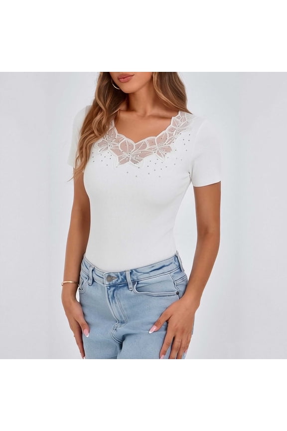 Slim Fit Short Sleeve Tops for Women Crew Neck Lace Rhinestone Embellished Casual Ribbed Knit T-Shirts for Summer Daily Wear