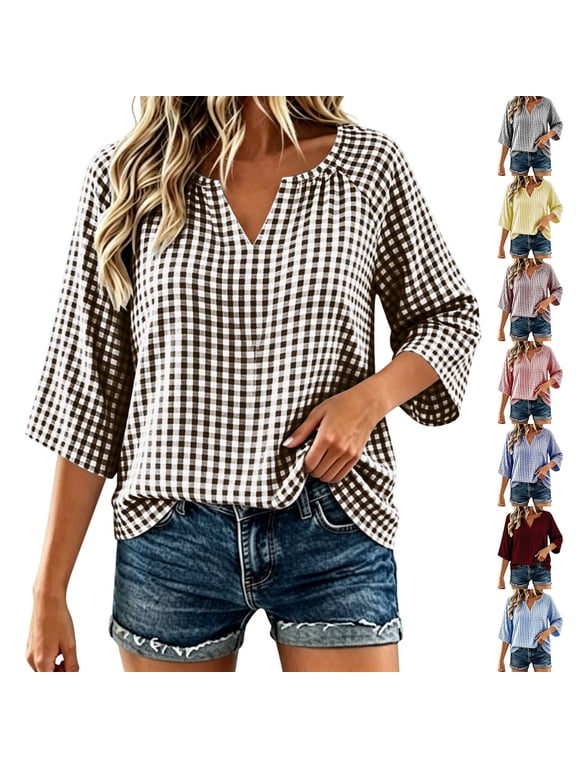 Spring Summer Blouses for Women, Loose Fit Gingham Split V Neck Tops, Checkered 3/4 Sleeve Blouses, Casual Pullover for Vacation Daily Wear