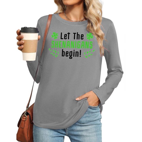Craaazy St Patricks Day Shirts Women's Long Sleeve Round Neck Shamrock Tops Gifts