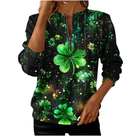 Craaazy St Patricks Day Shirts Womens Crewneck Long Sleeve Shamrock Quarter Zipper Festival Clothes Gifts