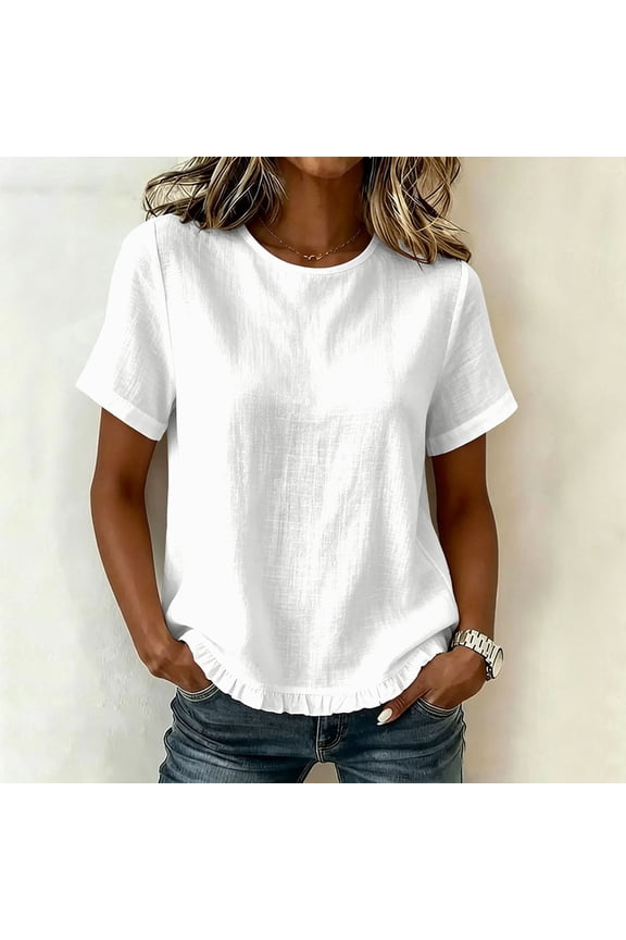 Summer Short Sleeve Tops for Women, Crew Neck Cotton Linen Shirts, Loose Fit Solid Color Casual Tees for Work and Daily Wear