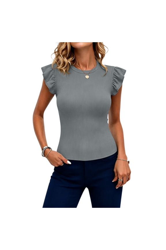 Summer Sleeveless Tops for Women Form Fitting Solid Color Round Neck Ruffle Cap Sleeve Ribbed Knit Casual Wear
