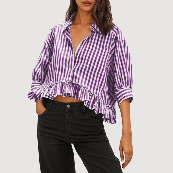 Craaazy Summer Tops for Women 2025 Trendy Striped 3/4 Sleeve Casual Work Shirts Y2K Ruffle Hem Loose Fit Cropped Blouse