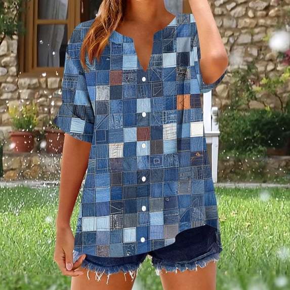 Craaazy Summer Women's Loose Fit Graphic Print V Neck Short Sleeve Button Front Blouse for Daily Outfits Gifts