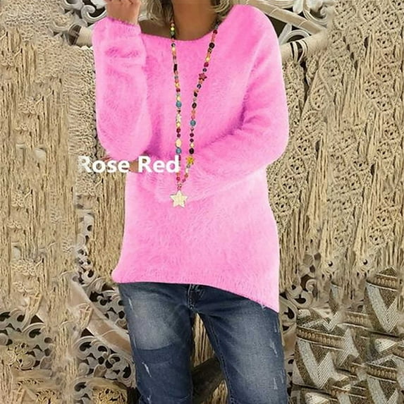 Craaazy Sweaters for Women Crewneck Fleece Long Sleeve Pullover Solid Color Fuzzy Warm Sweater Gifts for Women