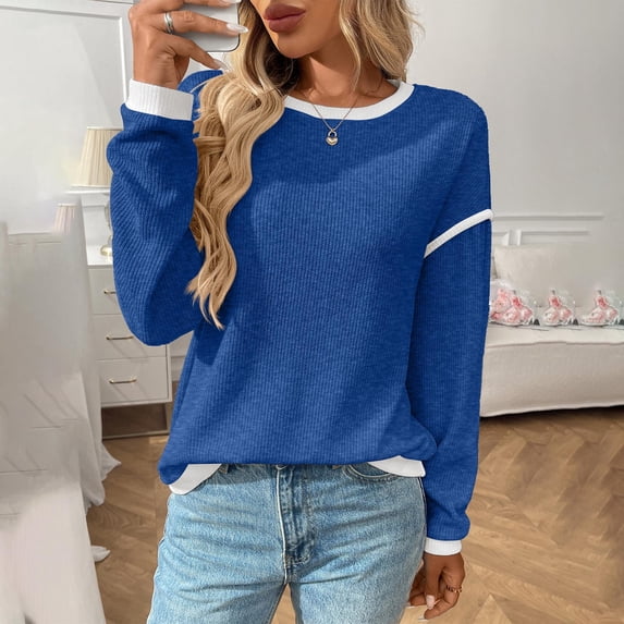 Craaazy Sweaters for Women Knitted Solid Color Long Sleeve Round-Neck Blouses Gifts