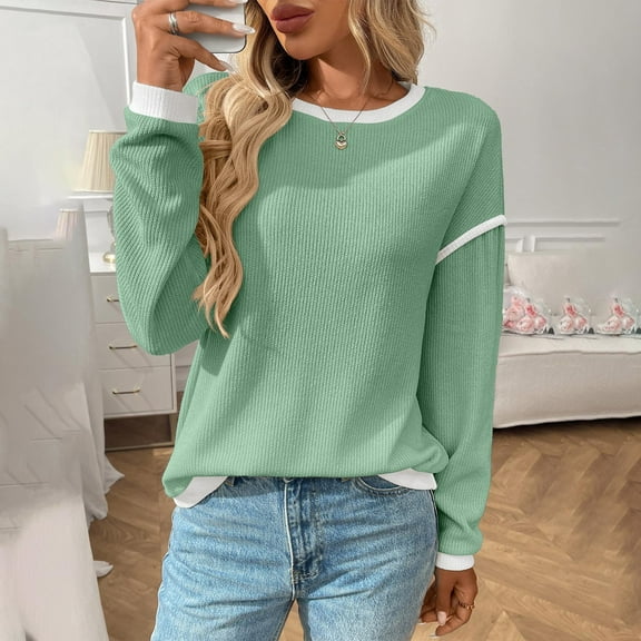 Craaazy Sweaters for Women Knitted Solid Color Long Sleeve Round-Neck Blouses Gifts