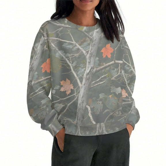 Craaazy Sweatshirt For Women Leaf Print Oversized Fall Fashion Long Sleeve Blouses Camo Maple Graphic Shirts Gifts For Women