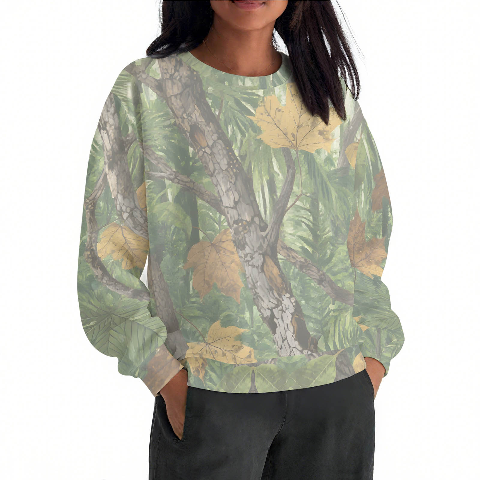 ACCPUR Women's Camo Fleece Sweatshirt - Oversized Maple Leaf Pullover, Long Sleeve Fall/Winter Top