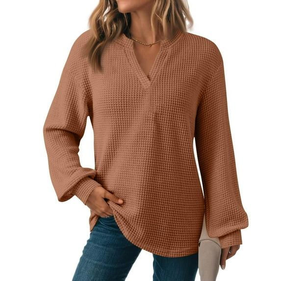 Craaazy Sweatshirt For Women V-Neck Long Sleeve Solid Waffle Knit Tops Gifts For Women