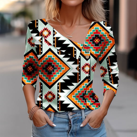 Craaazy Sweatshirt for Women Casual Printed Lapel Blouses V Neck 3/4 Sleeve Button Tops Gifts for Women