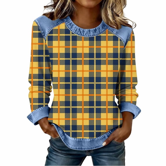 Craaazy Sweatshirt for Women Color Plaid Prints Denim Patchwork Loose Fit Round Neck Long Sleeve Top Gifts