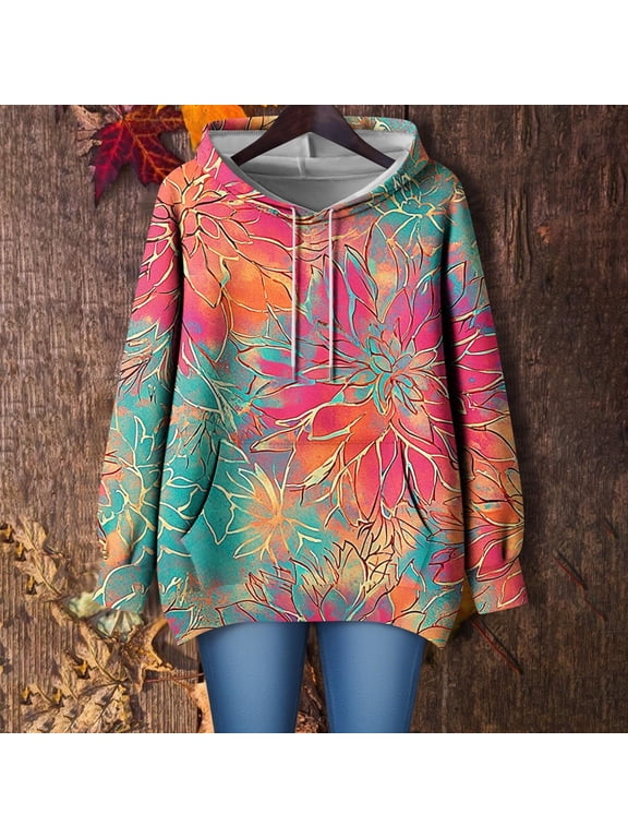 Sweatshirt for Women Long Sleeve Hoodies Daily Printed Hooded Shirts Loose Drawstring Pullover Oversized Tops With Pockets Gifts For Women