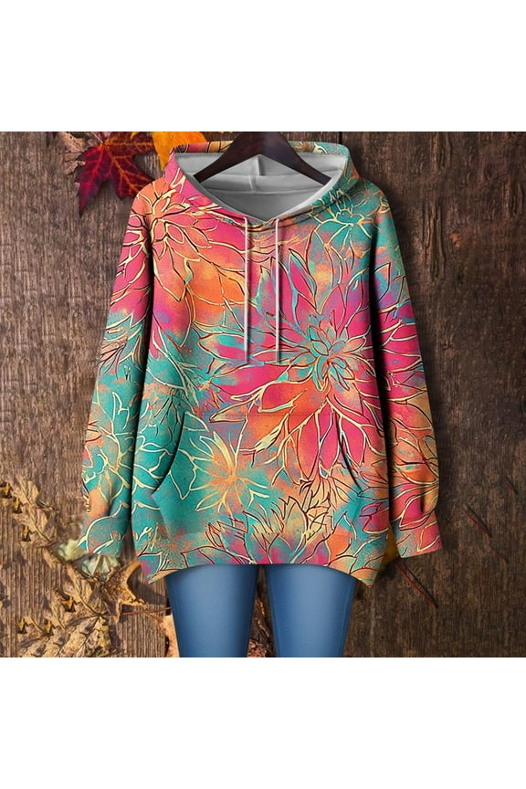Sweatshirt for Women Long Sleeve Hoodies Daily Printed Hooded Shirts Loose Drawstring Pullover Oversized Tops With Pockets Gifts For Women