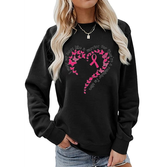 Craaazy Sweatshirts For Women Breast Cancer Awareness Sweatshirts Ribbon Print Casual Long Sleeve Shirts Gifts For Women