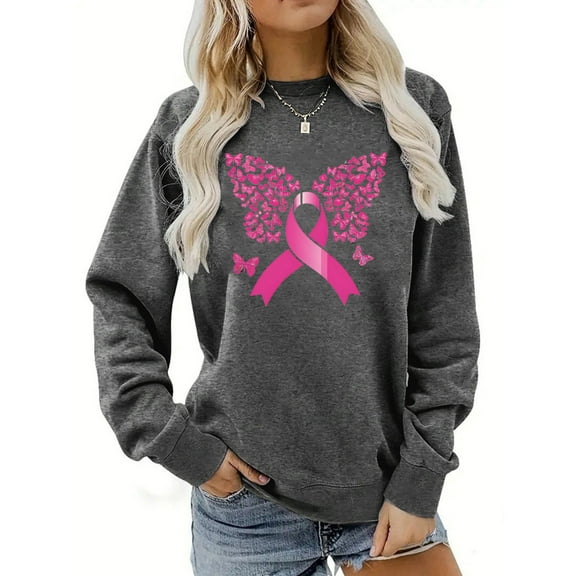 Craaazy Sweatshirts For Women Breast Cancer Awareness Sweatshirts Ribbon Print Casual Long Sleeve Shirts Gifts For Women