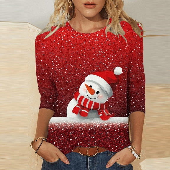 Craaazy Sweatshirts for Women Christmas Printed Round Neck 3/4 Sleeve T-shirt Womens Shirts Gifts for Women