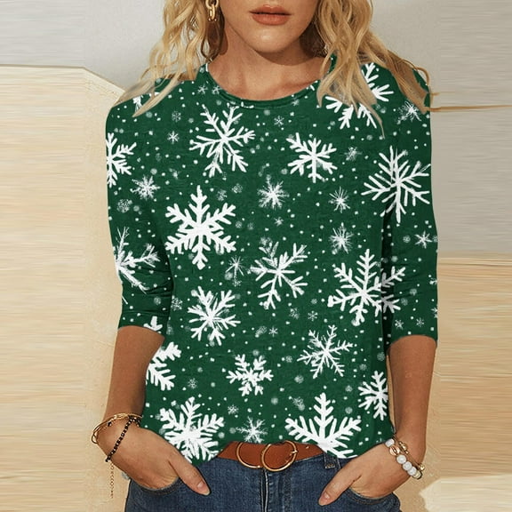 Craaazy Sweatshirts for Women Christmas Printed Round Neck 3/4 Sleeve T-shirt Womens Shirts Gifts for Women