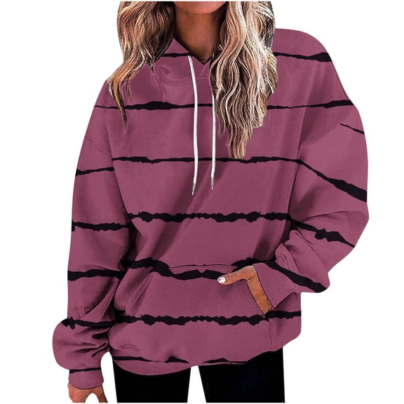 Craaazy Sweatshirts for Women Long Sleeve Drawstring Hooded Tops Striped Fall Sweatshirts with Pockets Gifts For Women