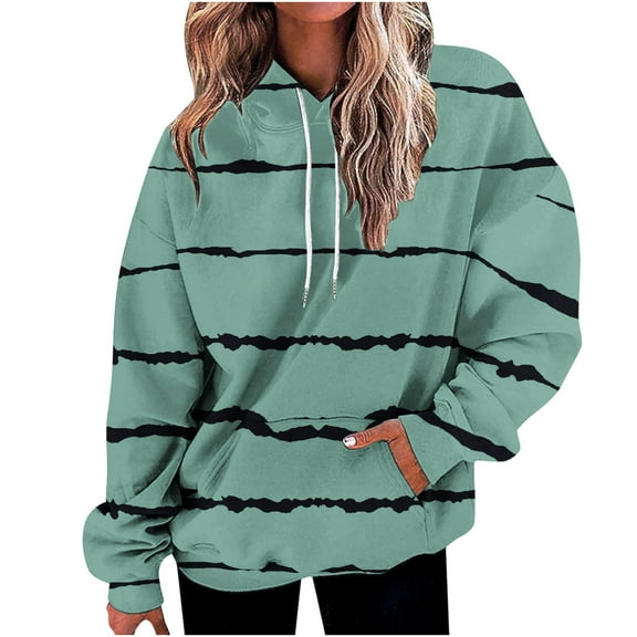 Craaazy Sweatshirts for Women Long Sleeve Drawstring Hooded Tops Striped Fall Sweatshirts with Pockets Gifts For Women