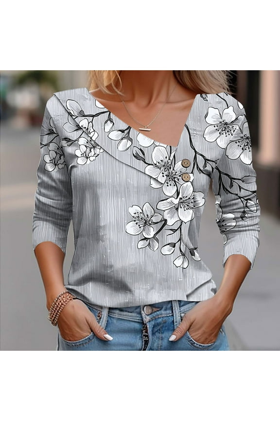 T Shirts For Women Retro Floral Print Button Blouses Tunic Square Neck 3/4 sleeve Tops Gifts For Women