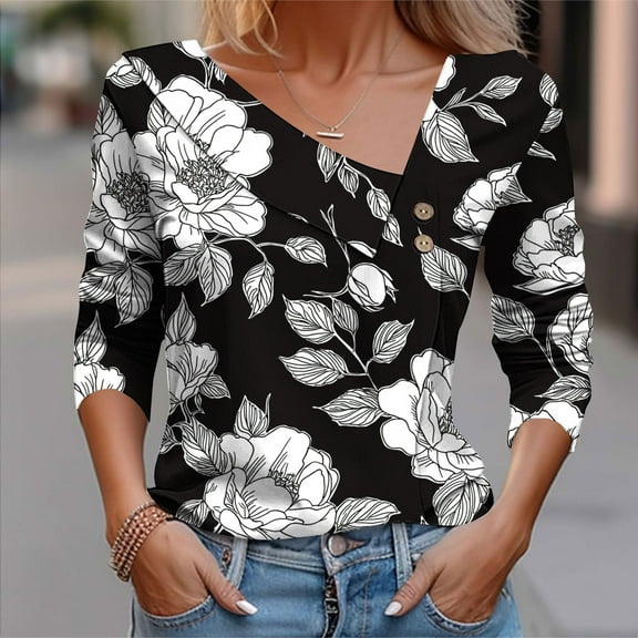 Craaazy T Shirts For Women Retro Floral Print Button Blouses Tunic Square Neck 3/4 sleeve Tops Gifts For Women
