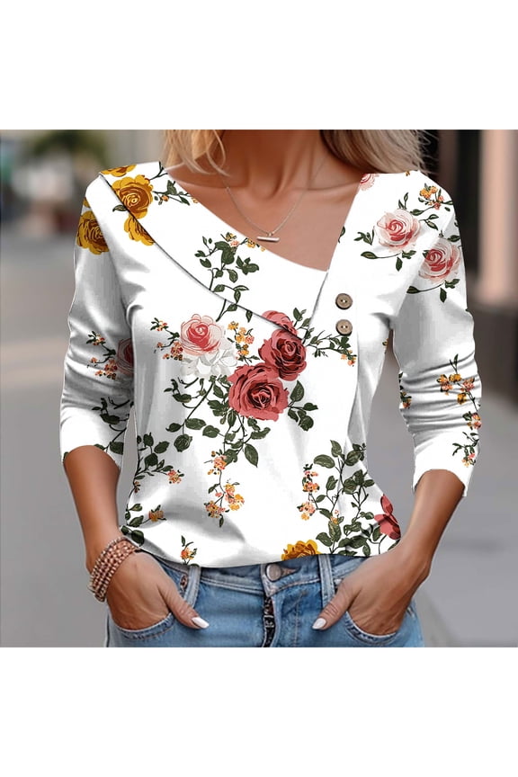 T Shirts For Women Retro Floral Print Button Blouses Tunic Square Neck 3/4 sleeve Tops Gifts For Women