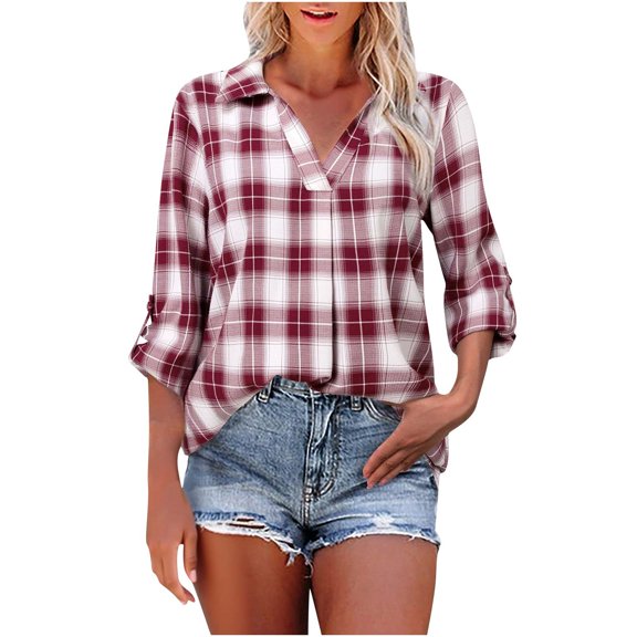 Craaazy T Shirts For Women V Neck Casual Lapel Plaid Shirts Business Work Office Tops Roll Up Long Sleeve Tops Gifts For Women