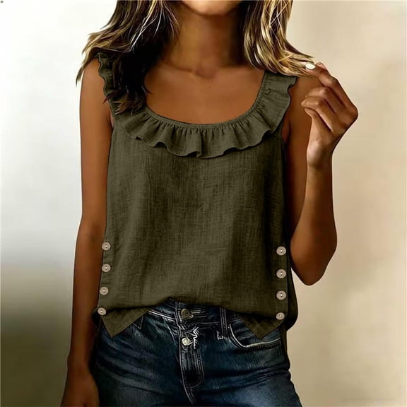 Craaazy Tops for Women Summer Sleeveless Ruffle Neck Cotton Linen Loose Fit Casual Blouses with Side Buttons