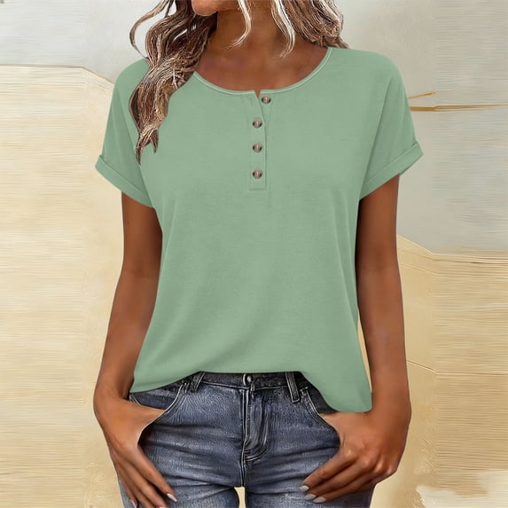 Craaazy Trendy Women's Loose Solid Color Crew Neck Casual Short Sleeve T-Shirt with Button Placket, Soft Top for Spring & Summer Gifts