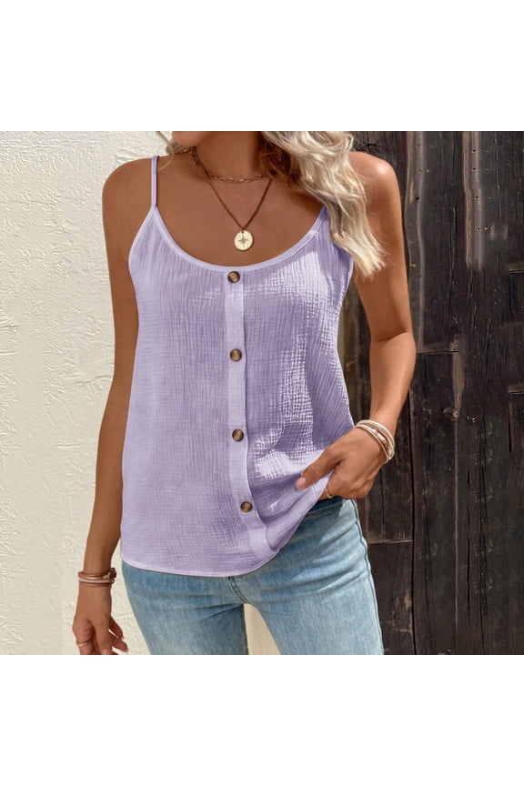 Trendy Women's Loose Solid Color Crew Neck Casual Sleeveless Cami Top with Button Front, Lightweight Summer Tank Top for Daily Wear Gifts