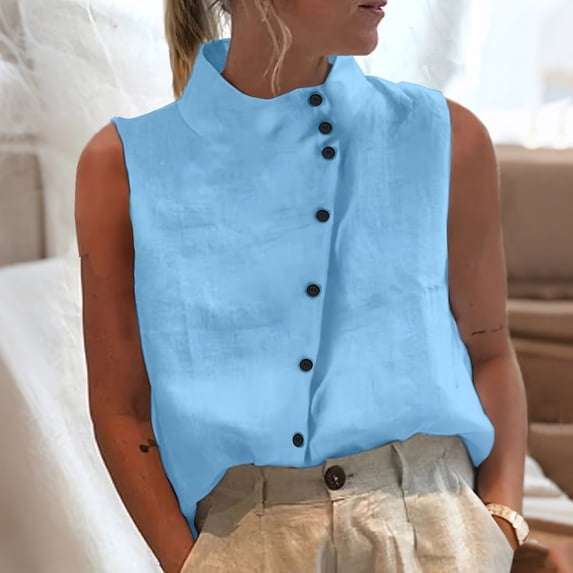 Craaazy Trendy Women's Loose Solid Gray Stand Collar Casual Sleeveless Blouse with Asymmetrical Button Detail, Lightweight Cotton Top for Summer, Daily Wear Gifts