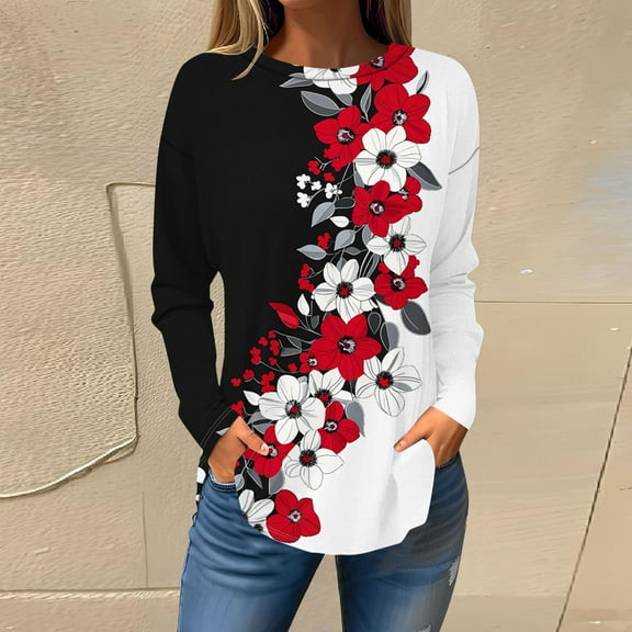 Craaazy Tshirts Shirts for Women Vintage Floral Printed Non Positioning Printed Long Sleeve Blouses Gifts