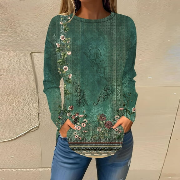 Craaazy Tshirts Shirts for Women Vintage Floral Printed Non Positioning Printed Long Sleeve Blouses Gifts