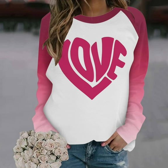 Craaazy Valentine Long Sleeve Tops for Women Love Heart Graphic Round Neck Shirt Gifts
