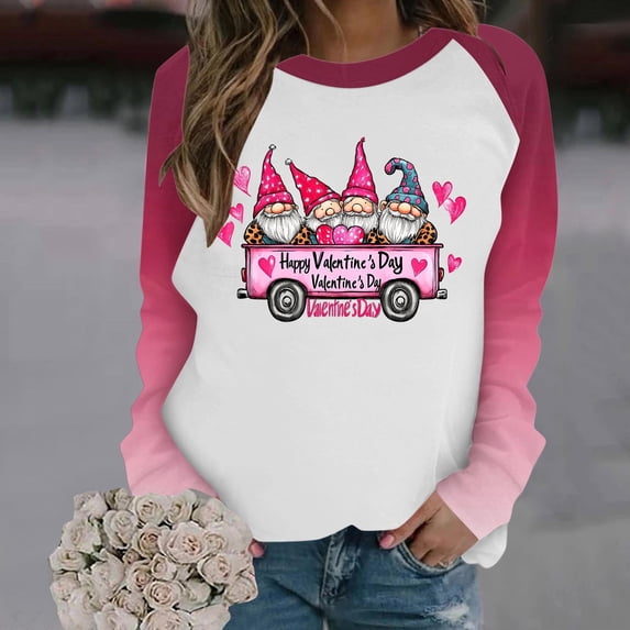 Craaazy Valentine Long Sleeve Tops for Women Love Heart Graphic Round Neck Shirt Gifts