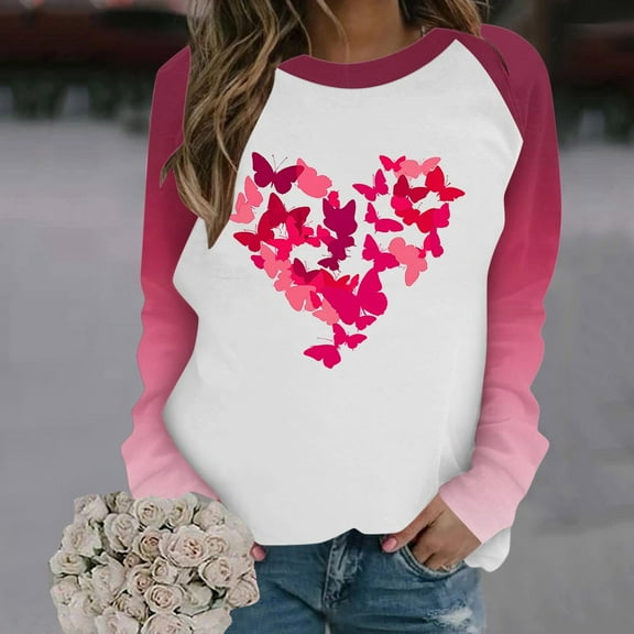 Craaazy Valentine Long Sleeve Tops for Women Love Heart Graphic Round Neck Shirt Gifts
