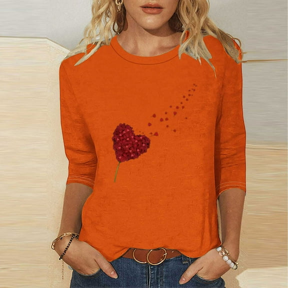 Craaazy Valentine Shirts for Women Fashion Heart Printed 3/4 Sleeve Round Neck Pullover Tops Gifts