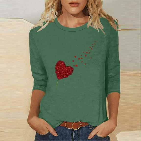 Craaazy Valentine Shirts for Women Fashion Heart Printed 3/4 Sleeve Round Neck Pullover Tops Gifts