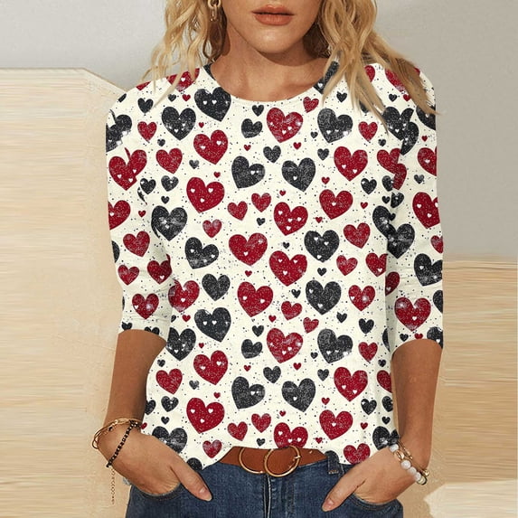 Craaazy Valentine Shirts for Women Fashion Heart Printed 3/4 Sleeve Round Neck Pullover Tops Gifts